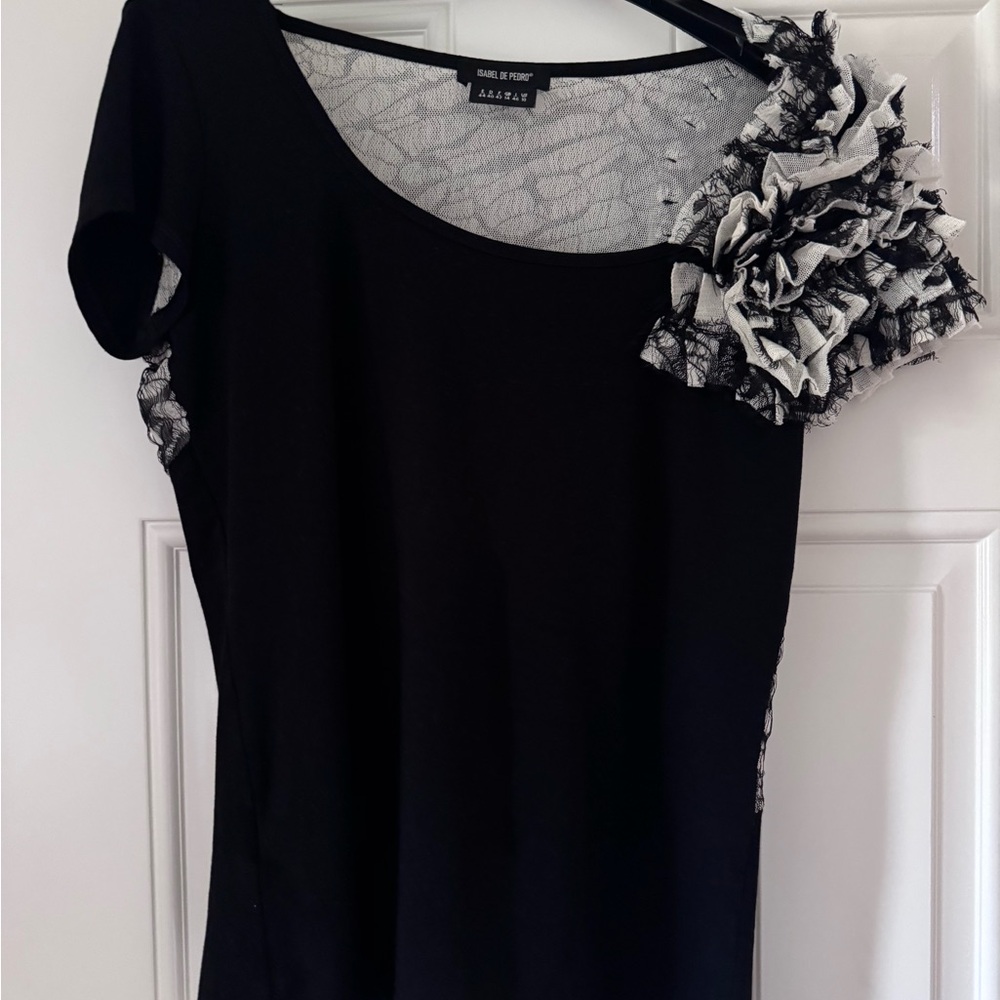 Isabel de Pedro Black Top with Lace Floral Detail